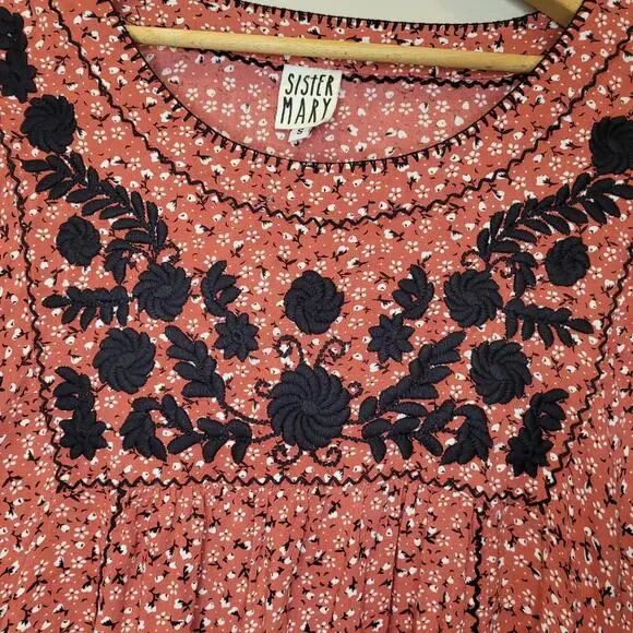 Sister Mary Embroidered Brown Floral Veronica Dress Small Boho Cottagecore - Picture 3 of 10